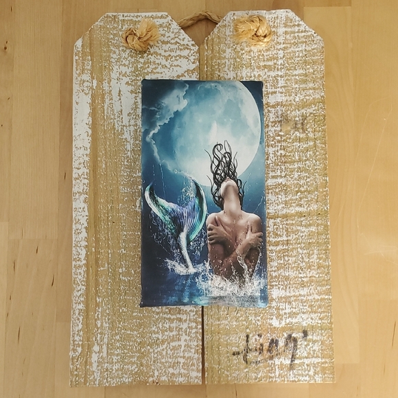 Mermaid & Nautical Canvas Wall Art – Wood, Twine, Seashells – Set of 2 - Picture 3 of 11